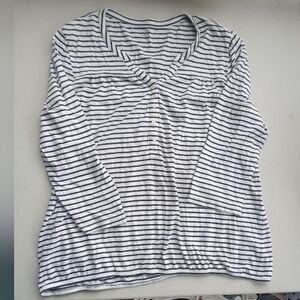 LOFT Navy Blue & White Striped Henley Top Size XL - 3/4 Sleeve V-Neck Blouse
